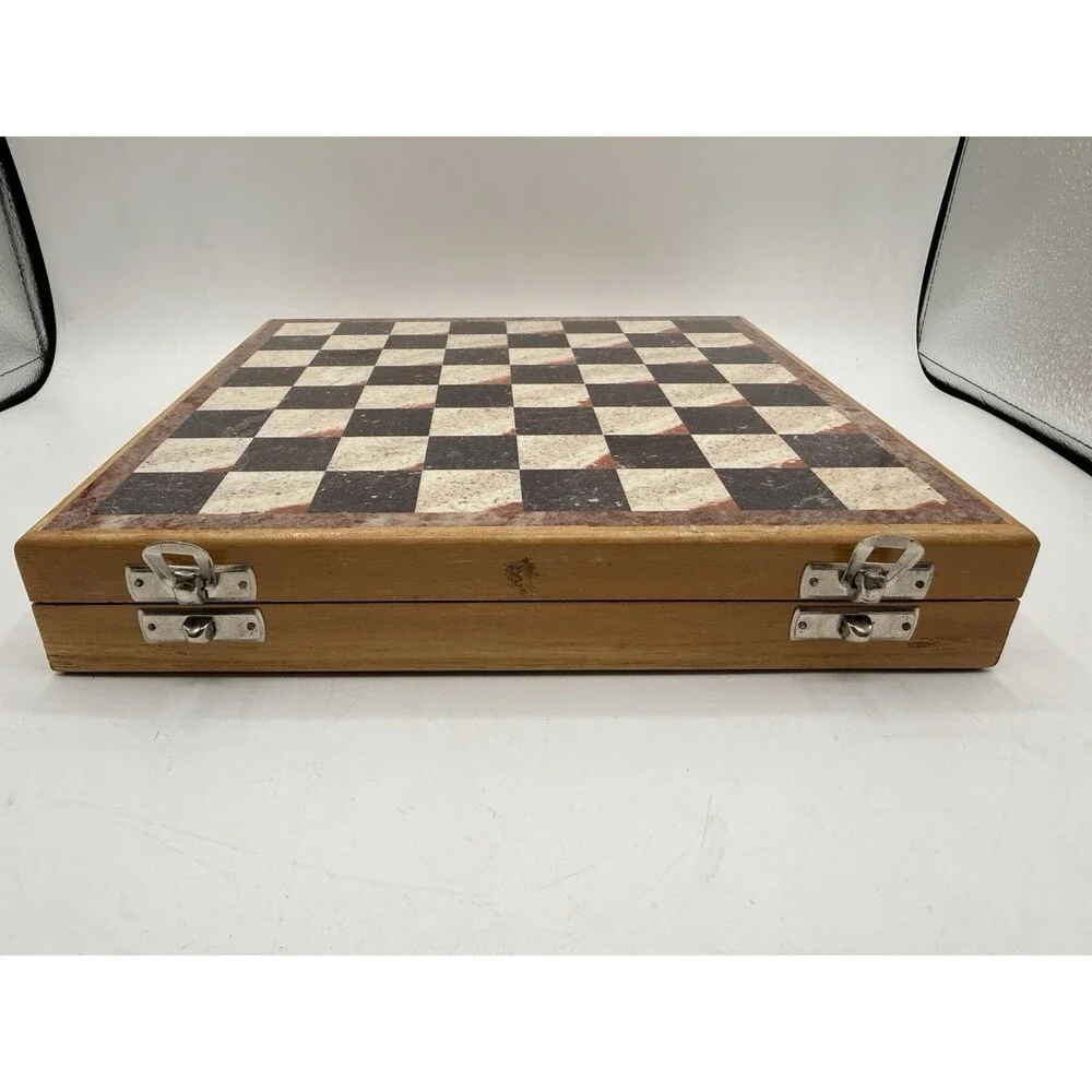 Travel Wooden Marble Chess Set Board Game Soapstone / Marble Hand Carved Pieces